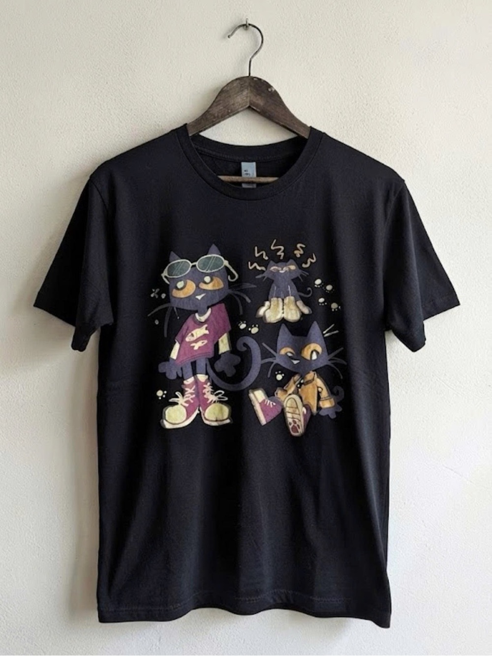 Gildan Black Graphic Tee with Purple & Yellow Cat Design | Unisex Shirt
